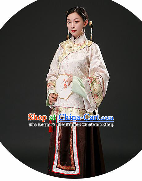 Chinese Ancient Qing Dynasty Nobility Lady Pink Blouse and Brown Skirt Traditional Patrician Mistress Costumes for Women