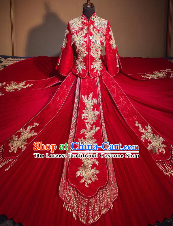 Chinese Traditional Wedding Xiu He Suit Embroidered Flowers Red Jacket and Dress Ancient Bride Costumes for Women