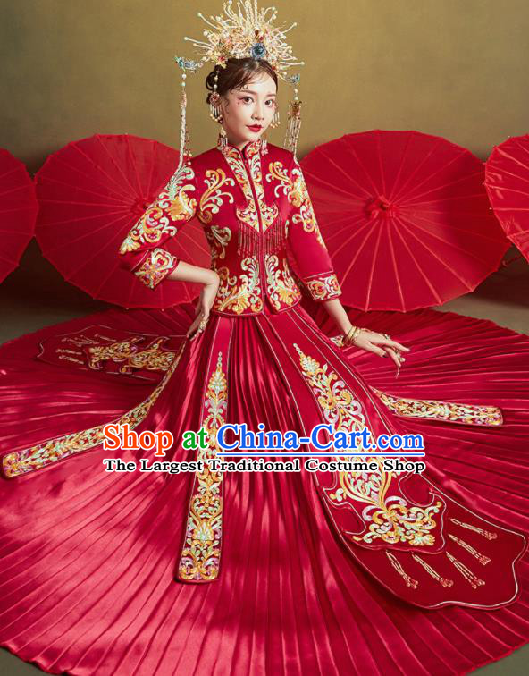 Chinese Traditional Wedding Embroidered Tassel Xiu He Suit Red Blouse and Dress Ancient Bride Costumes for Women