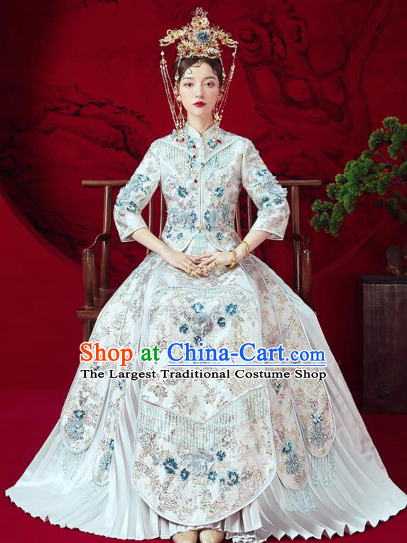 Chinese Traditional Embroidered Wedding Xiu He Suit White Blouse and Dress Ancient Bride Costumes for Women