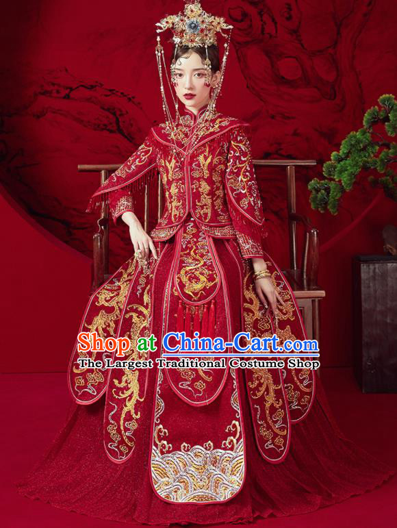 Chinese Traditional Embroidered Dragon Wedding Xiu He Suit Red Blouse and Dress Ancient Bride Costumes for Women