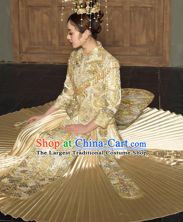 Chinese Traditional Wedding Embroidered Dragon Golden Blouse and Dress Xiu He Suit Bottom Drawer Ancient Bride Costumes for Women