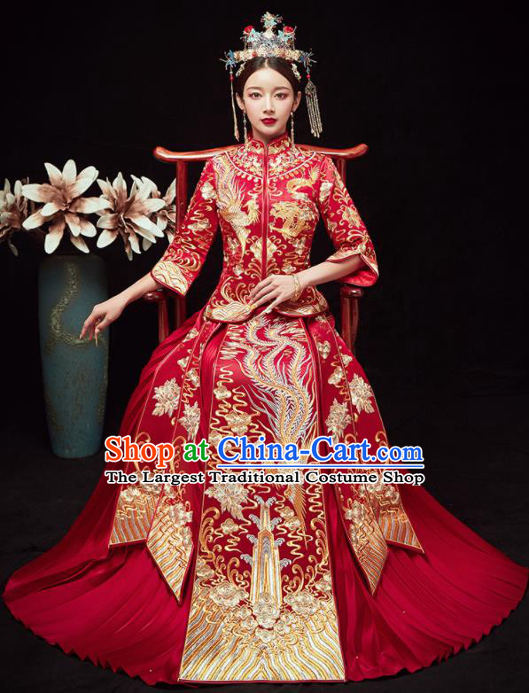 Chinese Traditional Wedding Embroidered Phoenix Peony Slim Blouse and Dress Xiu He Suit Red Bottom Drawer Ancient Bride Costumes for Women
