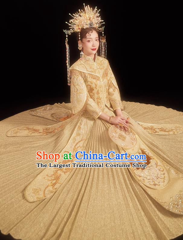 Chinese Traditional Embroidered Golden Bottom Drawer Wedding Blouse and Dress Xiu He Suit Ancient Bride Costumes for Women