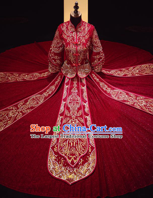 Chinese Traditional Xiu He Suit Wedding Embroidered Dark Red Blouse and Dress Bottom Drawer Ancient Bride Costumes for Women
