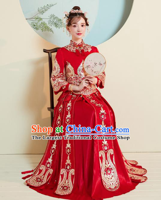 Chinese Traditional Embroidered Xiu He Suit Wedding Red Blouse and Dress Bottom Drawer Ancient Bride Costumes for Women