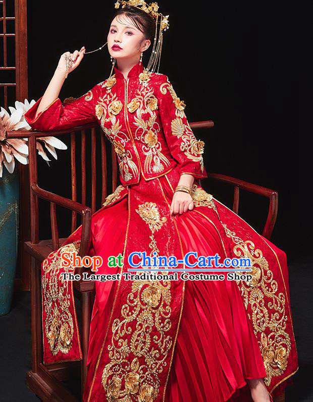 Chinese Traditional Bride Embroidered Flowers Red Xiu He Suit Wedding Blouse and Dress Bottom Drawer Ancient Costumes for Women