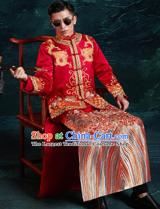 Chinese Ancient Bridegroom Embroidered Dragon Red Mandarin Jacket and Red Gown Traditional Wedding Tang Suit Costumes for Men