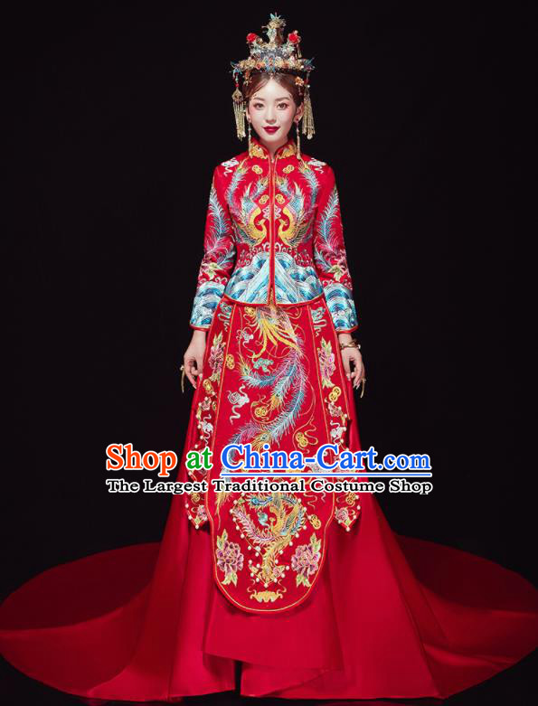 Chinese Traditional Wedding Red Trailing Bottom Drawer Embroidered Phoenix Blouse and Dress Xiu He Suit Ancient Bride Costumes for Women