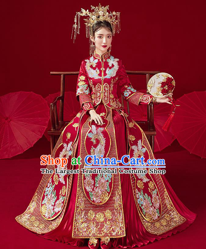 Chinese Traditional Ancient Bride Drilling Phoenix Embroidered Costumes Red Xiu He Suit Wedding Blouse and Dress Bottom Drawer for Women