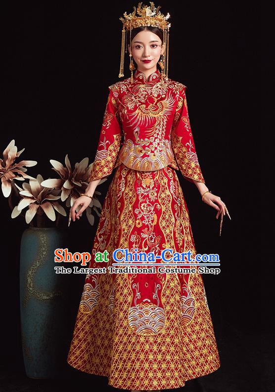 Chinese Ancient Bride Embroidered Phoenix Red Costumes Xiu He Suit Wedding Blouse and Dress Traditional Bottom Drawer for Women