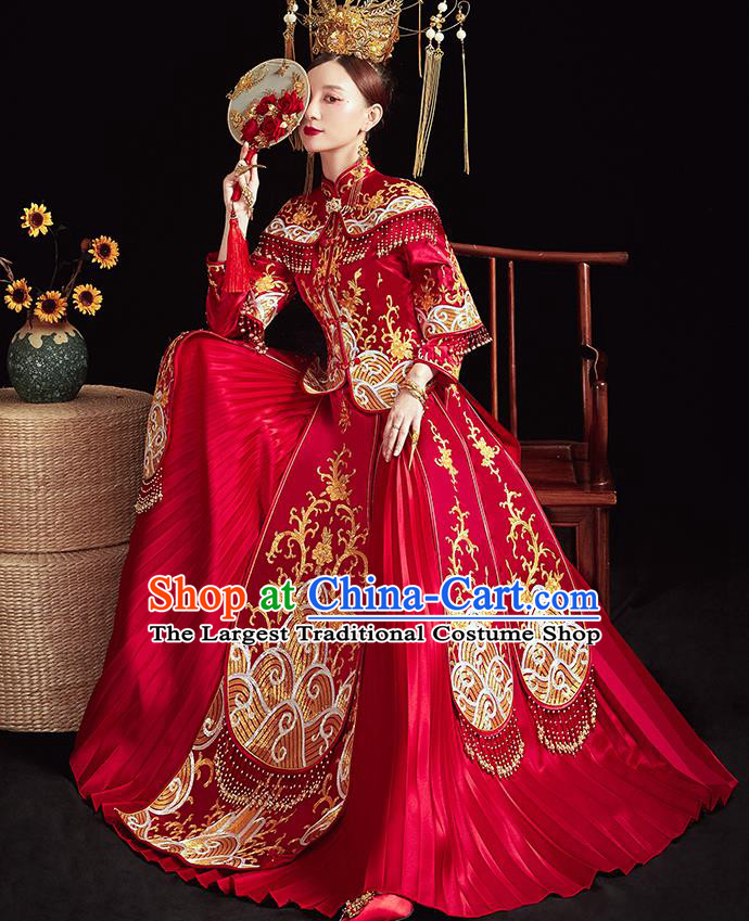 Chinese Ancient Embroidered Waves Red Blouse and Dress Traditional Bride Xiu He Suit Wedding Costumes for Women
