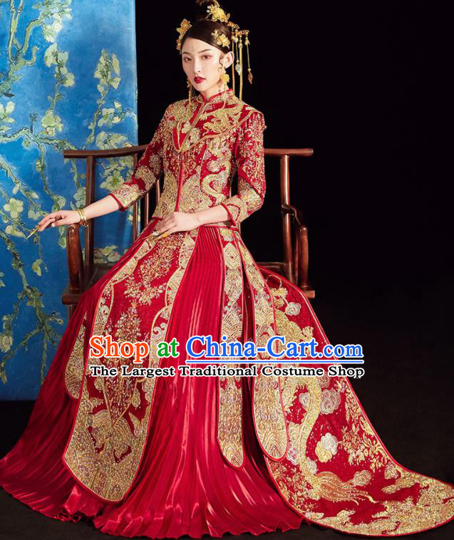 Chinese Ancient Embroidered Drilling Dragon Drilling Blouse and Dress Traditional Bride Xiu He Suit Wedding Costumes for Women