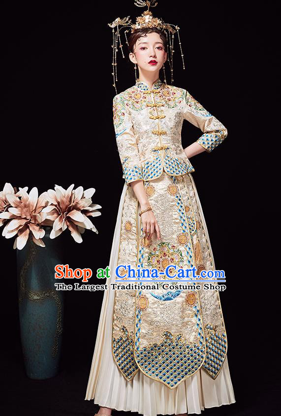 Chinese Ancient Wedding Embroidered Light Golden Blouse and Dress Traditional Bride Xiu He Suit Costumes for Women