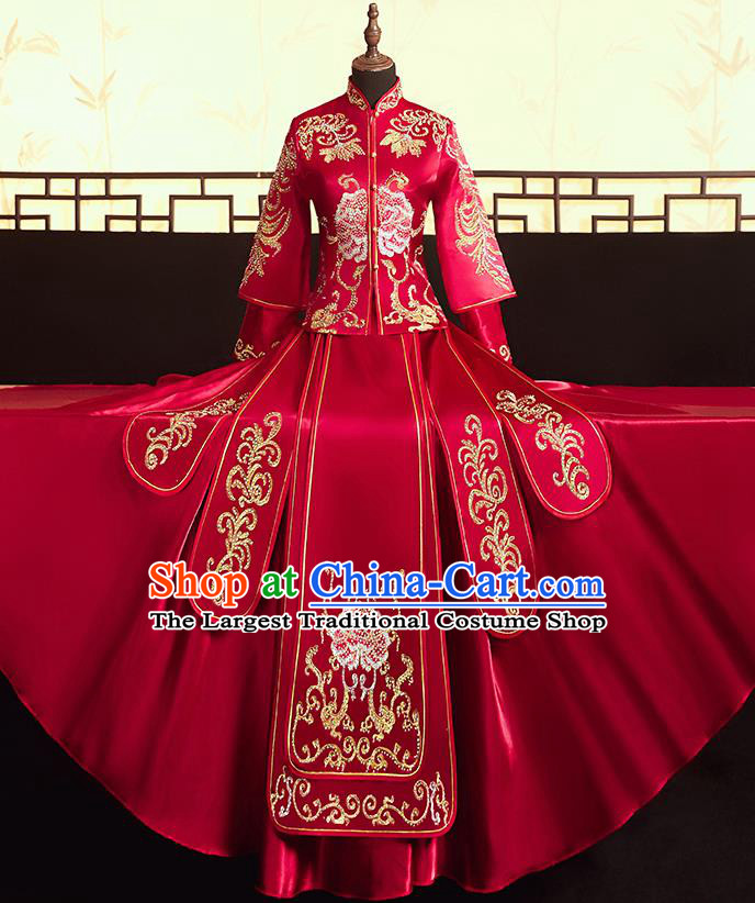 Chinese Ancient Bride Embroidered Peony Blouse and Dress Diamante Xiu He Suit Wedding Costumes Traditional Red Bottom Drawer for Women