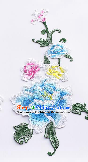 Traditional Chinese Embroidery Peony Blue Applique Embroidered Patches Embroidering Cloth Accessories