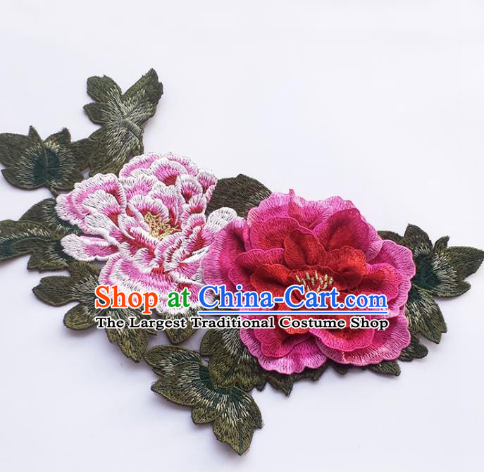 Traditional Chinese Embroidery Rosy Stereo Peony Applique Embroidered Patches Embroidering Cloth Accessories