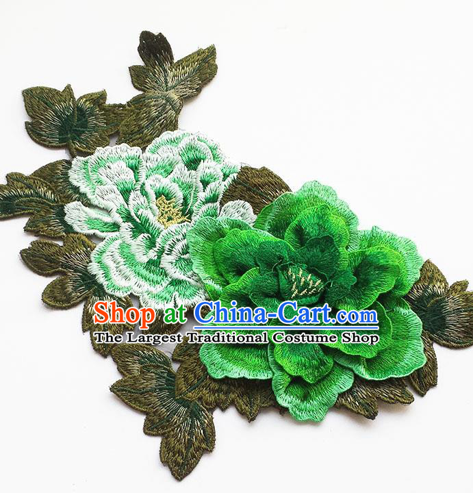 Traditional Chinese Embroidery Green Stereo Peony Applique Embroidered Patches Embroidering Cloth Accessories