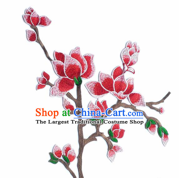 Traditional Chinese Embroidery Red Mangnolia Applique Embroidered Patches Embroidering Cloth Accessories