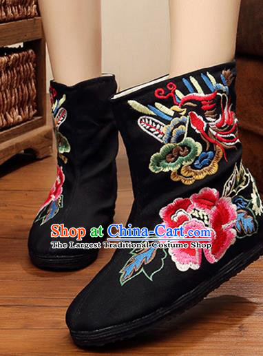 Chinese Handmade Embroidered Peony Black Boots Traditional Hanfu Shoes National Shoes for Women
