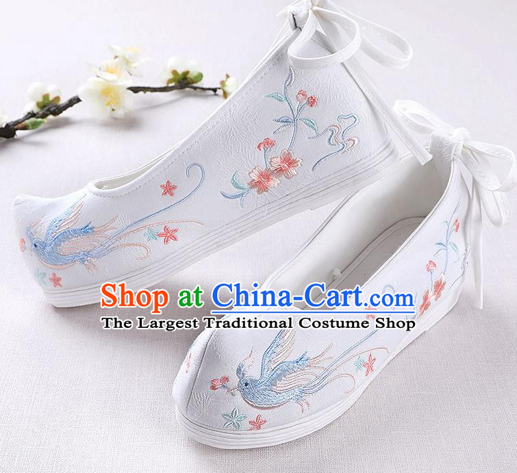 Chinese Handmade Opera Embroidered Bird White Shoes Traditional Hanfu Shoes National Shoes for Women
