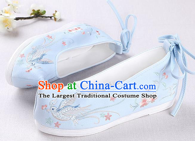 Chinese Handmade Opera Embroidered Bird Blue Shoes Traditional Hanfu Shoes National Shoes for Women