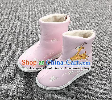 Chinese Handmade Winter Embroidered Deer Pink Boots Traditional Hanfu Shoes National Shoes for Kids