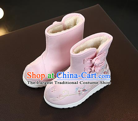Chinese Handmade Winter Embroidered Pink Boots Traditional Hanfu Shoes National Shoes for Kids