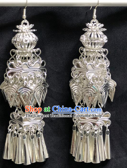 Chinese Handmade Traditional Miao Nationality Silver Tassel Earrings Ethnic Wedding Bride Accessories for Women