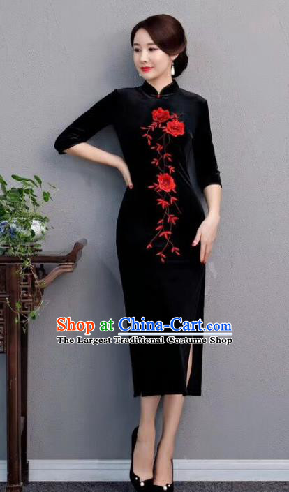 Chinese Traditional Qipao Dress Black Velvet Cheongsam National Costumes for Women