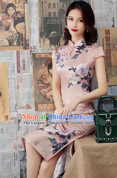 Chinese Traditional Qipao Dress Bride Printing Peony Pink Cheongsam National Costumes for Women