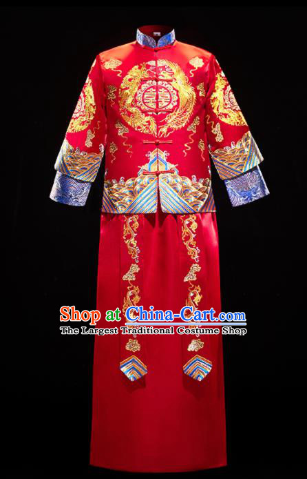 Chinese Traditional Bridegroom Wedding Costumes Tang Suit Xiuhe Suits Red Mandarin Jacket and Long Gown for Men