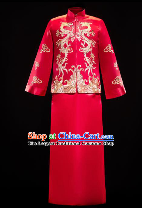 Chinese Traditional Bridegroom Wedding Embroidered Dragon Costumes Tang Suit Xiuhe Suits Red Mandarin Jacket and Long Gown for Men