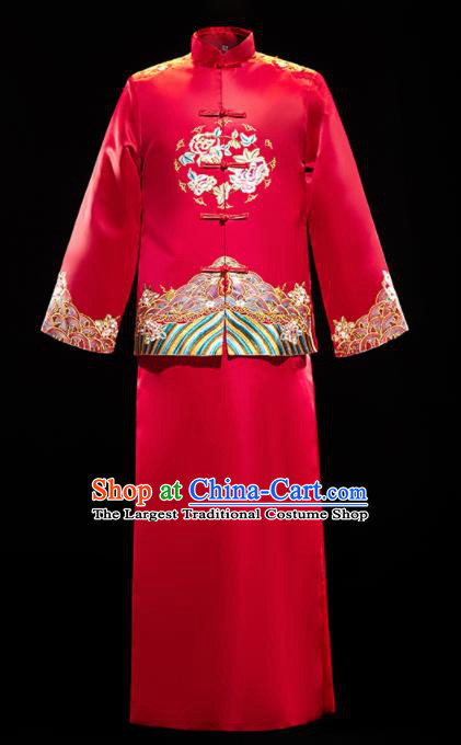 Chinese Traditional Bridegroom Wedding Embroidered Xiuhe Suits Costumes Tang Suit Wine Red Mandarin Jacket and Long Gown for Men