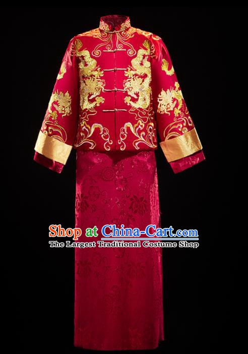 Chinese Traditional Tang Suit Embroidered Red Mandarin Jacket and Gown Ancient Bridegroom Wedding Costumes for Men