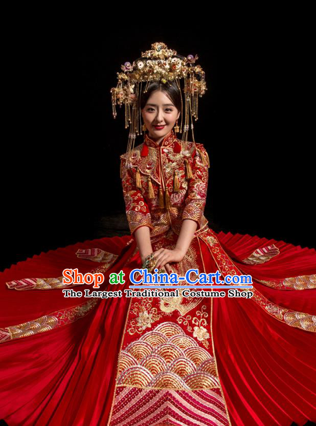 Chinese Traditional Wedding Toast Costumes Embroidered Phoenix Xiuhe Suit Ancient Bride Full Dress for Women