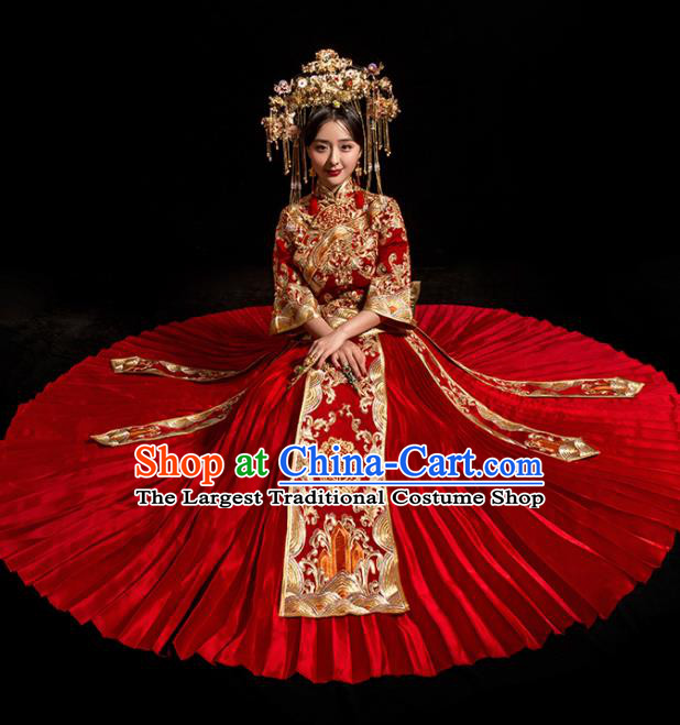 Chinese Traditional Wedding Toast Costumes Embroidered Red Xiuhe Suit Ancient Bride Full Dress for Women