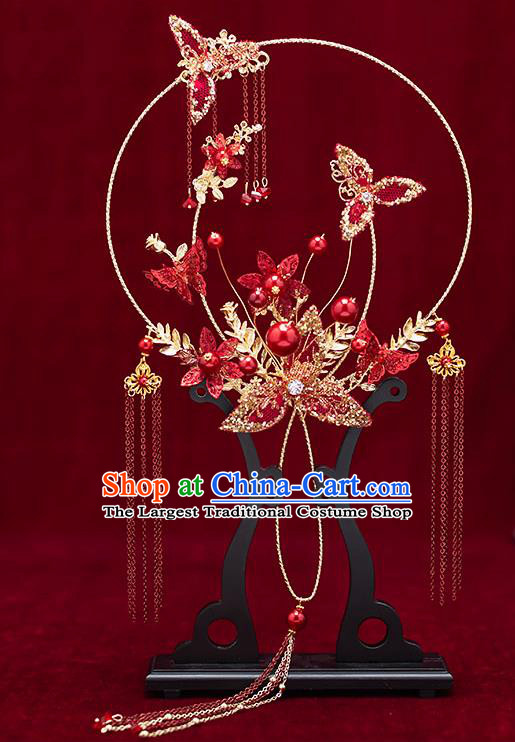 Chinese Traditional Wedding Palace Fans Ancient Bride Prop Red Round Fan for Women