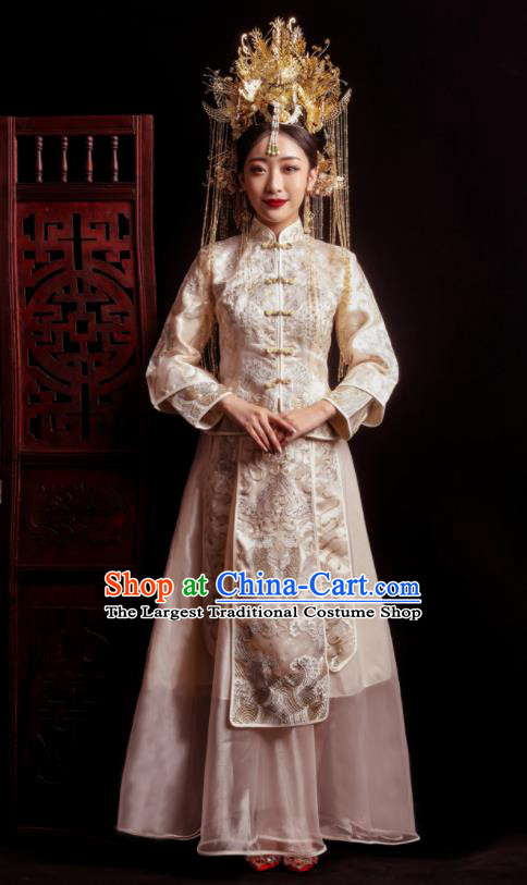 Chinese Traditional Wedding White Costumes Toast Xiuhe Suit Ancient Bride Embroidered Full Dress for Women