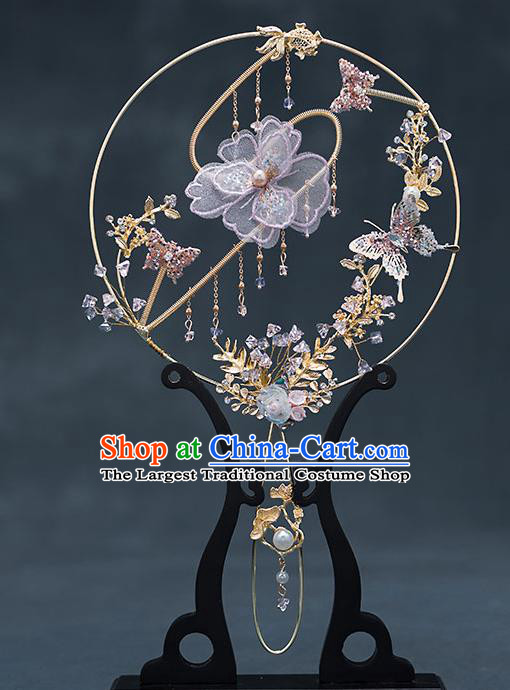 Chinese Traditional Wedding Lilac Flower Palace Fans Ancient Bride Prop Round Fan for Women