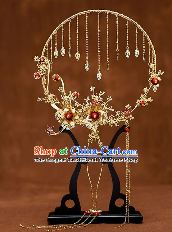 Chinese Traditional Wedding Golden Plum Palace Fans Ancient Bride Prop Round Fan for Women