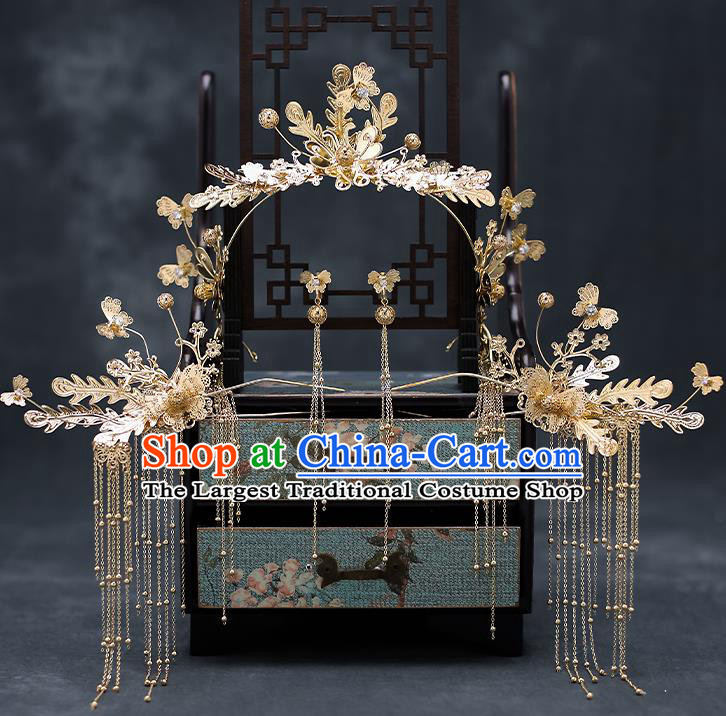 Top Chinese Traditional Wedding Golden Phoenix Hair Clasp Bride Handmade Tassel Hairpins Hair Accessories Complete Set