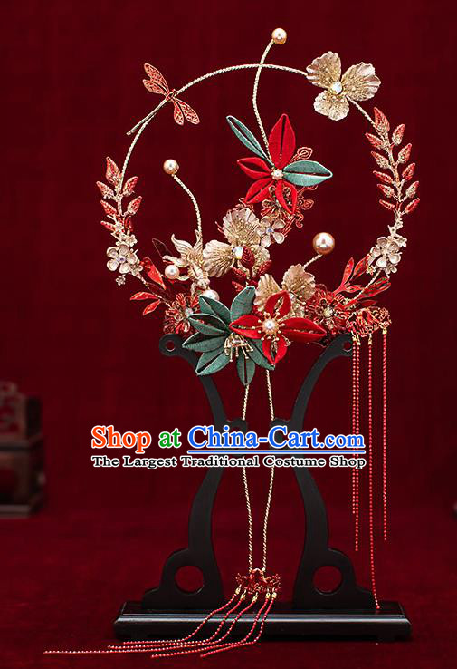 Chinese Traditional Wedding Red Tassel Palace Fans Ancient Bride Prop Round Fan for Women