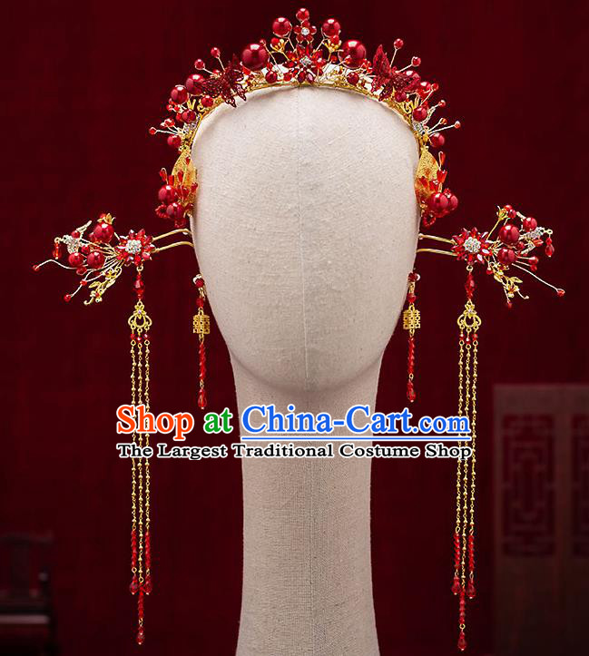 Top Chinese Traditional Wedding Red Beads Hair Clasp Bride Handmade Tassel Hairpins Hair Accessories Complete Set