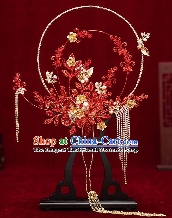 Chinese Traditional Wedding Red Leaf Palace Fans Ancient Bride Prop Round Fan for Women