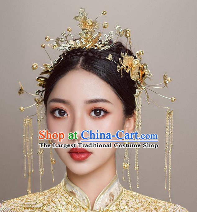 Top Chinese Traditional Wedding Tassel Hair Crown Bride Handmade Hairpins Hair Accessories Complete Set