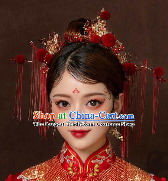 Top Chinese Traditional Wedding Hair Comb Bride Handmade Red Tassel Hairpins Hair Accessories Complete Set