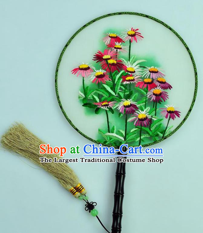 Chinese Traditional Embroidered Daisy Silk Fans Craft Handmade Su Embroidery Palace Fan Round Fan