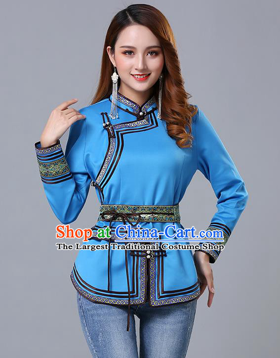 Chinese Traditional Blue Satin Blouse Mongol Ethnic Nationality Costume Mongolian Minority Upper Outer Garment for Women