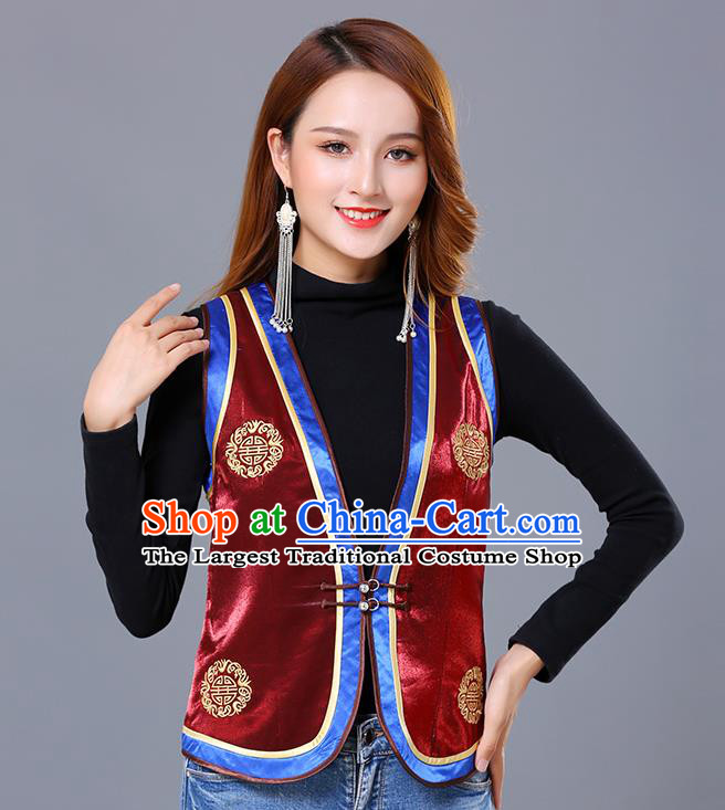 Chinese Mongol Ethnic Nationality Wine Red Satin Vest Traditional Mongolian Minority Garment Waistcoat Costume for Women
